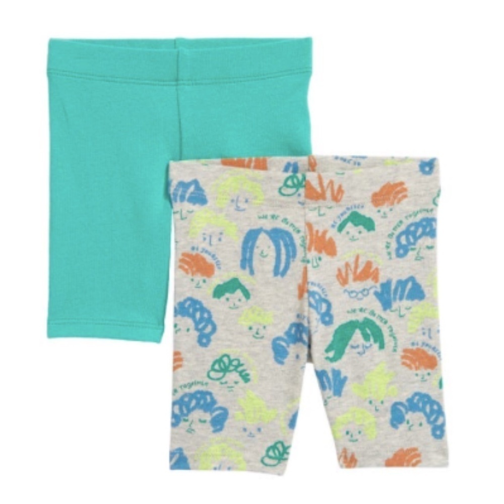 Open Edit Girls Bike Shorts 2 Pack Hair Toss Green Grey Organic Cotton 18 Months